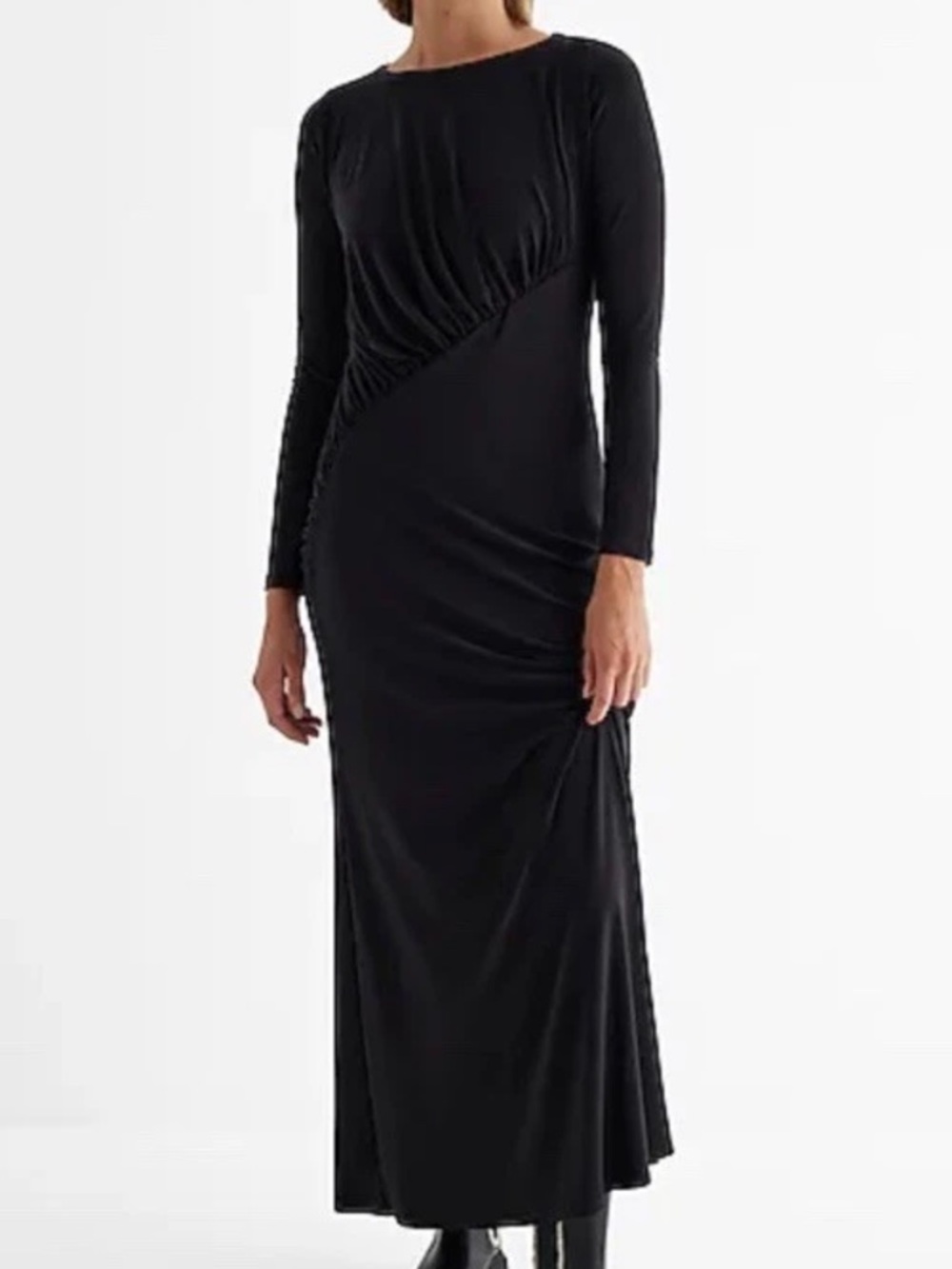 Express Black Maxi Dress Long Sleeve Ruched Boat Neck Bodycon Size Large NWT